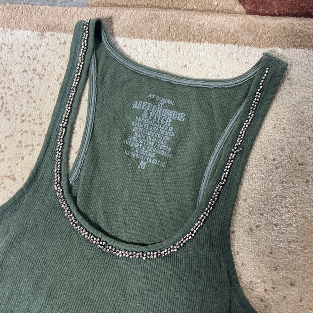Y2K Abercrombie & Fitch Green Ribbed Beaded Scoop‎ Neck Tank Top Womens M - Picture 4 of 6